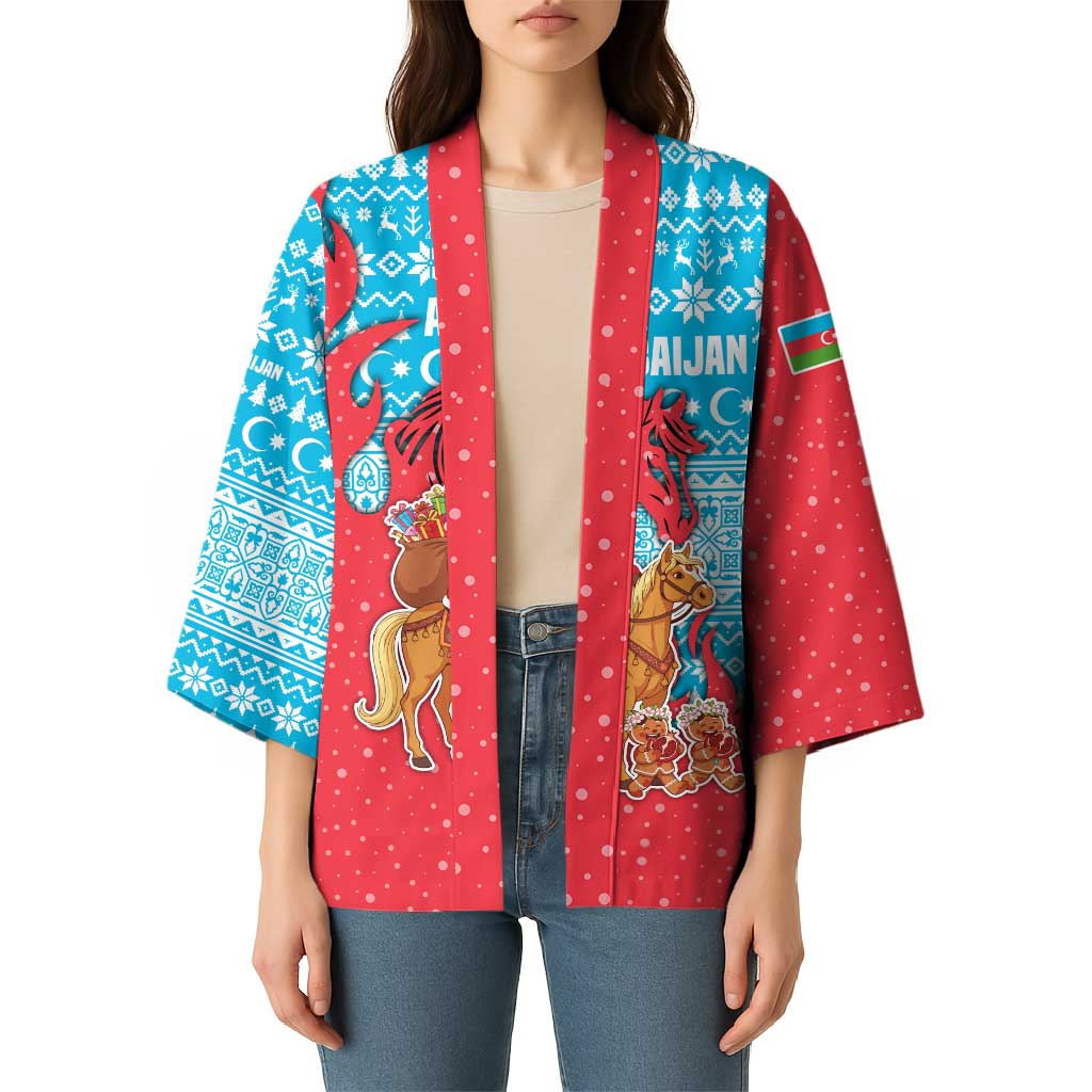 Azerbaijan Christmas Kimono with Santa Riding Horse Red Flame Motif and Blue Islamic Pattern Design - Wonder Print Shop