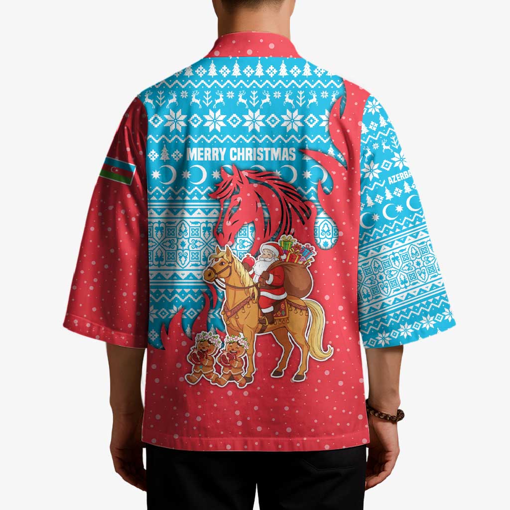 Azerbaijan Christmas Kimono with Santa Riding Horse Red Flame Motif and Blue Islamic Pattern Design - Wonder Print Shop