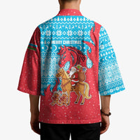 Azerbaijan Christmas Kimono with Santa Riding Horse Red Flame Motif and Blue Islamic Pattern Design - Wonder Print Shop