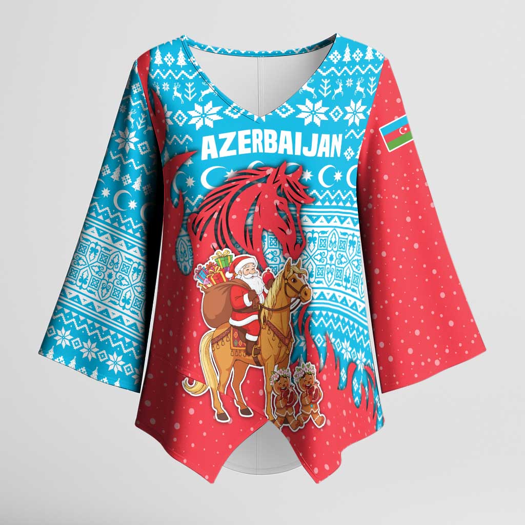 Azerbaijan Christmas Kimono Sleeve Blouse with Santa Riding Horse Red Flame Motif and Blue Islamic Pattern Design - Wonder Print Shop