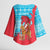Azerbaijan Christmas Kimono Sleeve Blouse with Santa Riding Horse Red Flame Motif and Blue Islamic Pattern Design - Wonder Print Shop