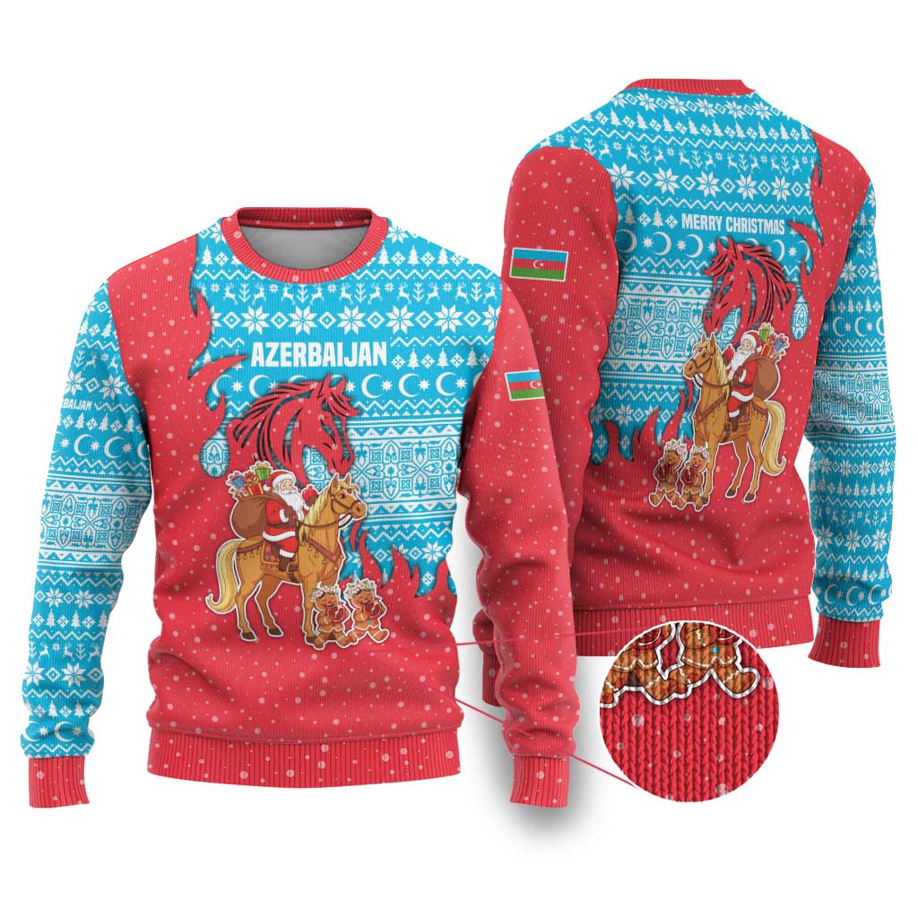 Azerbaijan Christmas Ugly Christmas Sweater with Santa Riding Horse Red Flame Motif and Blue Islamic Pattern Design - Wonder Print Shop