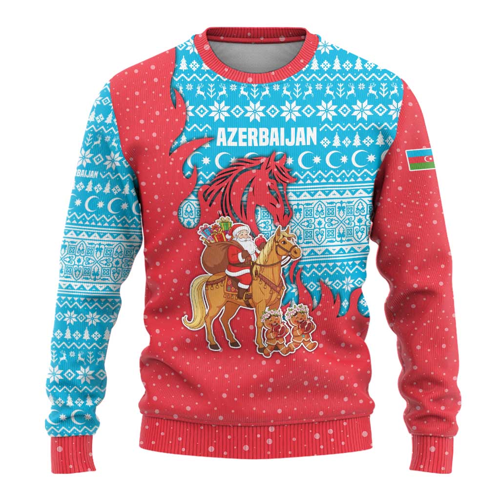 Azerbaijan Christmas Ugly Christmas Sweater with Santa Riding Horse Red Flame Motif and Blue Islamic Pattern Design - Wonder Print Shop