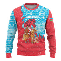 Azerbaijan Christmas Ugly Christmas Sweater with Santa Riding Horse Red Flame Motif and Blue Islamic Pattern Design - Wonder Print Shop
