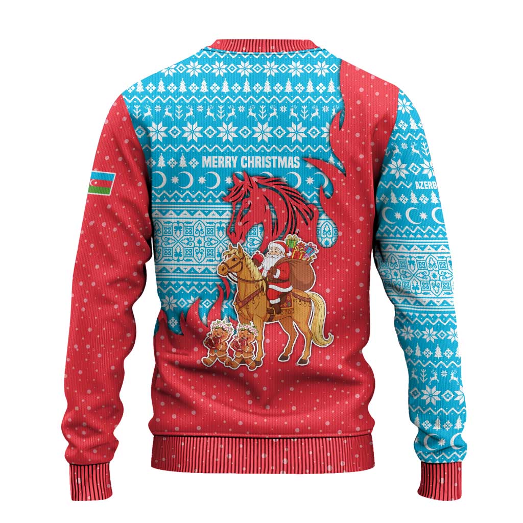 Azerbaijan Christmas Ugly Christmas Sweater with Santa Riding Horse Red Flame Motif and Blue Islamic Pattern Design - Wonder Print Shop