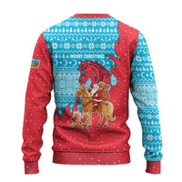 Azerbaijan Christmas Ugly Christmas Sweater with Santa Riding Horse Red Flame Motif and Blue Islamic Pattern Design - Wonder Print Shop