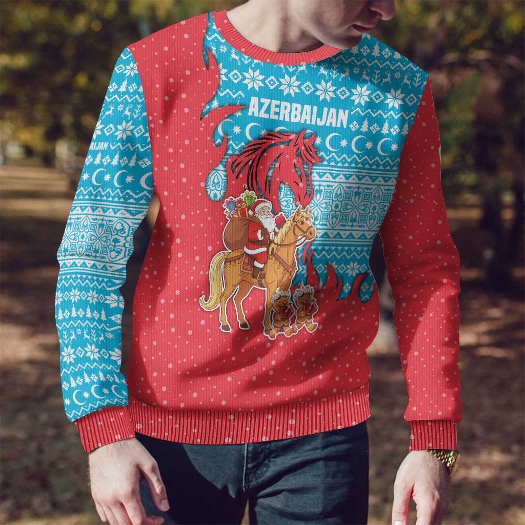 Azerbaijan Christmas Ugly Christmas Sweater with Santa Riding Horse Red Flame Motif and Blue Islamic Pattern Design - Wonder Print Shop