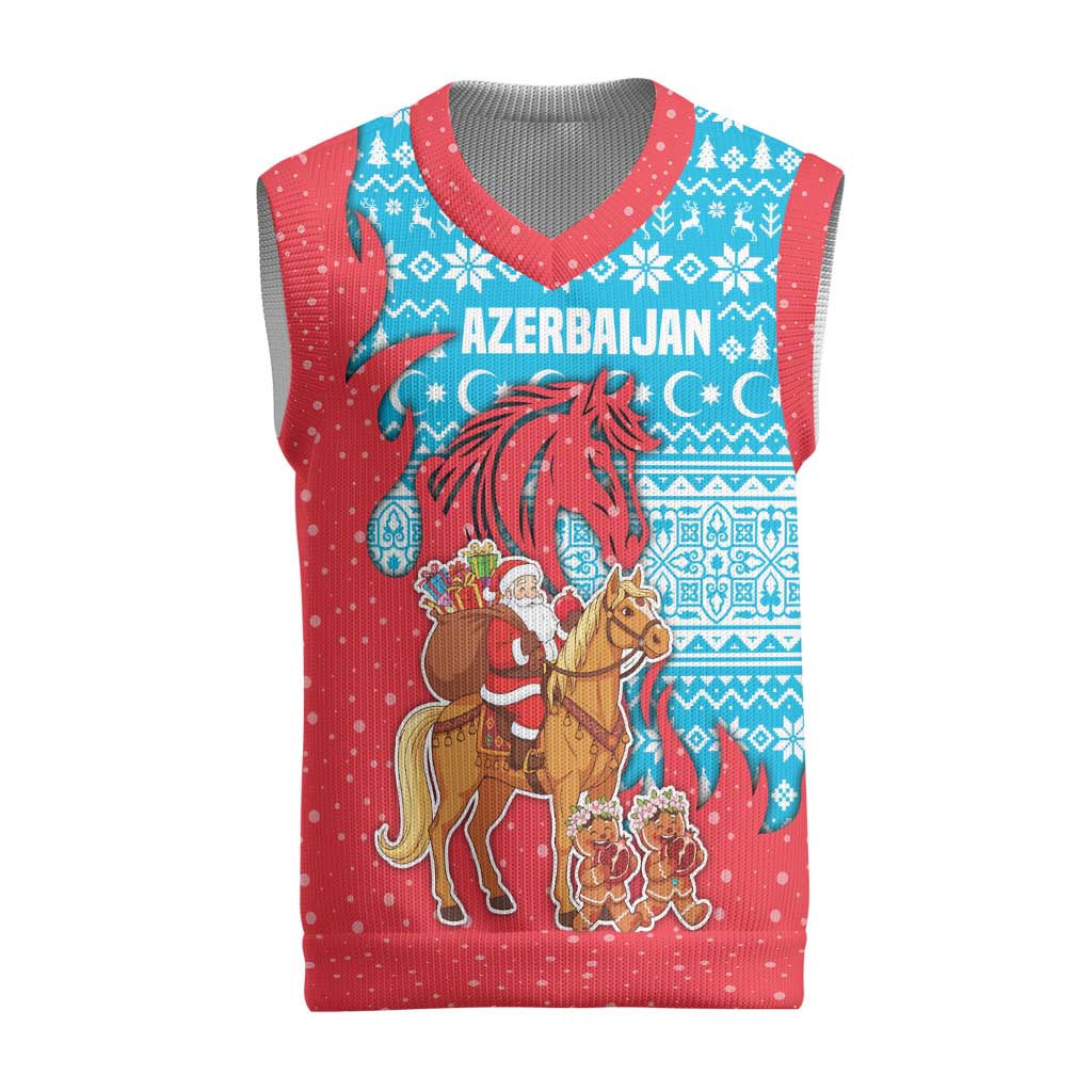 Azerbaijan Christmas Knitted V-Neck Vest with Santa Riding Horse Red Flame Motif and Blue Islamic Pattern Design - Wonder Print Shop
