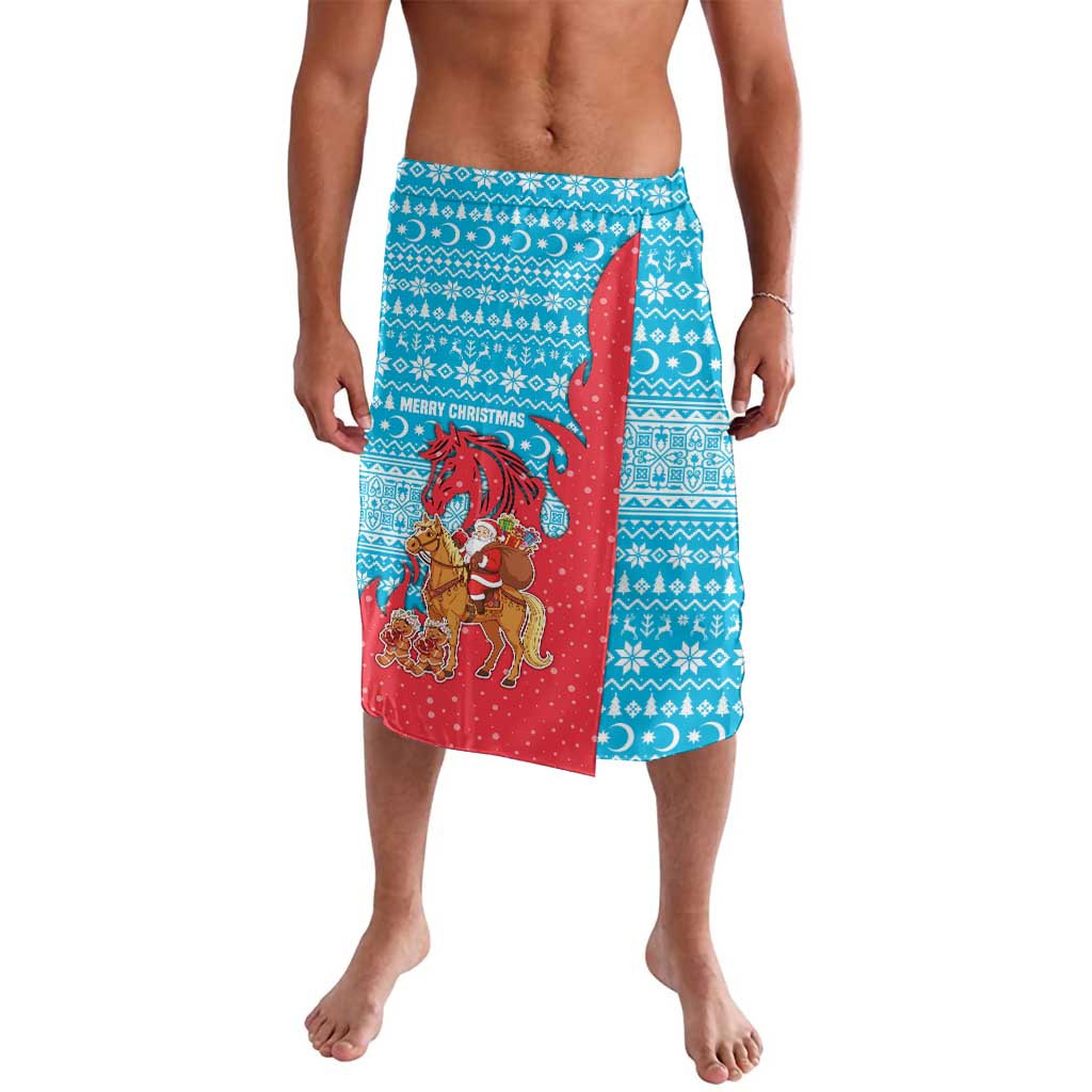 Azerbaijan Christmas Lavalava with Santa Riding Horse Red Flame Motif and Blue Islamic Pattern Design - Wonder Print Shop