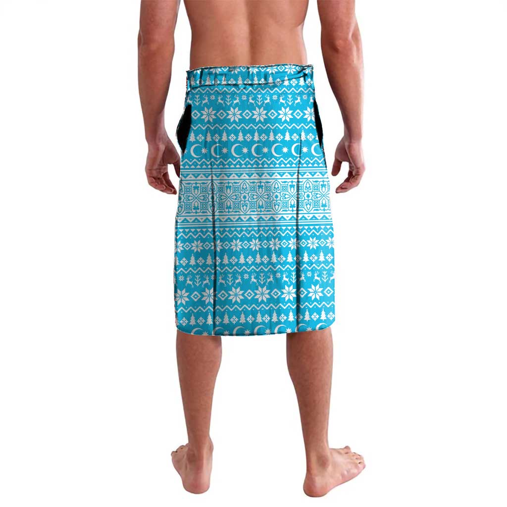 Azerbaijan Christmas Lavalava with Santa Riding Horse Red Flame Motif and Blue Islamic Pattern Design - Wonder Print Shop