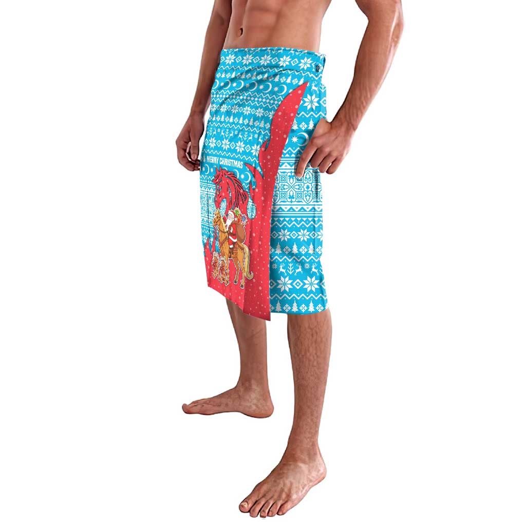Azerbaijan Christmas Lavalava with Santa Riding Horse Red Flame Motif and Blue Islamic Pattern Design - Wonder Print Shop