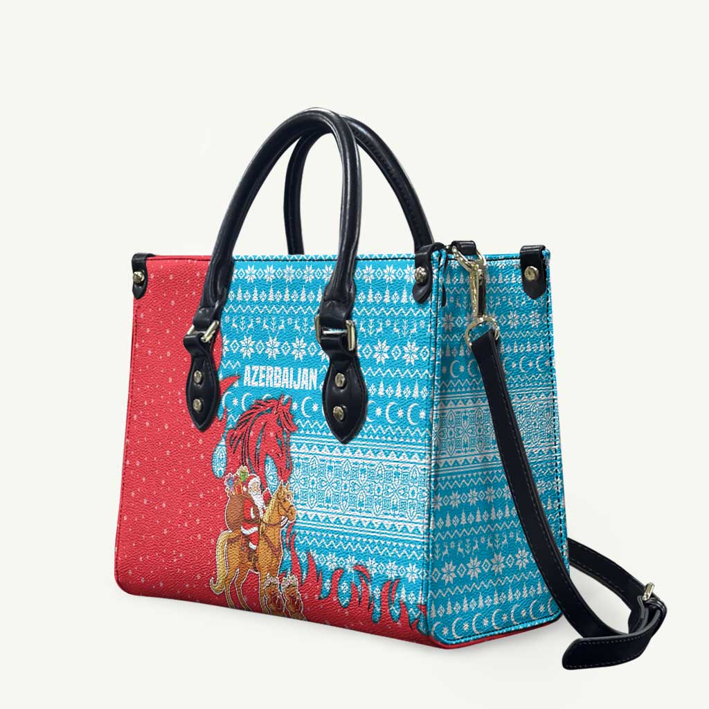 Azerbaijan Christmas Leather Bag with Santa Riding Horse Red Flame Motif and Blue Islamic Pattern Design - Wonder Print Shop