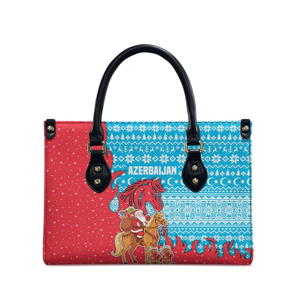 Azerbaijan Christmas Leather Bag with Santa Riding Horse Red Flame Motif and Blue Islamic Pattern Design - Wonder Print Shop