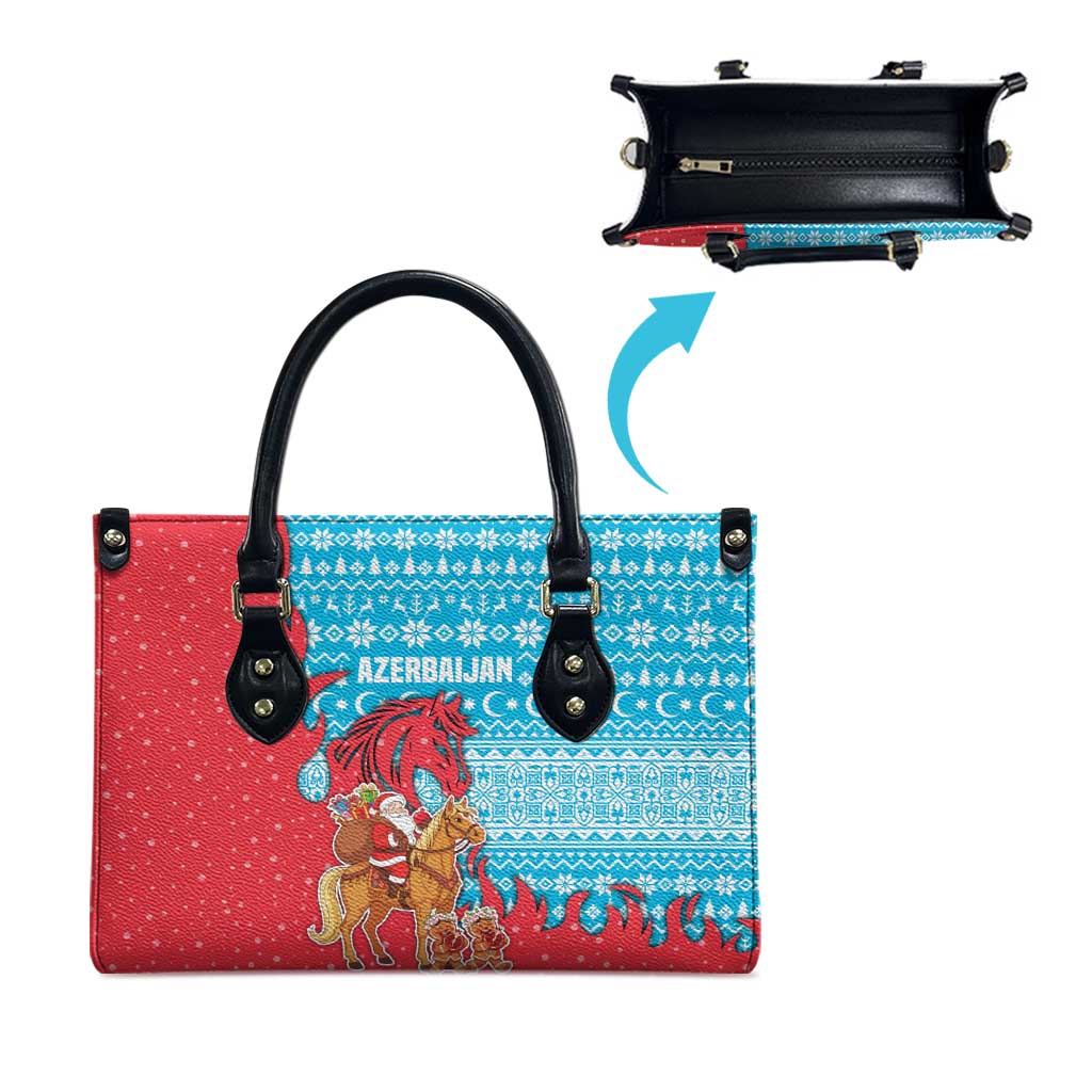 Azerbaijan Christmas Leather Bag with Santa Riding Horse Red Flame Motif and Blue Islamic Pattern Design - Wonder Print Shop