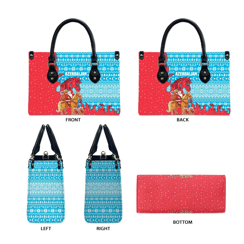 Azerbaijan Christmas Leather Bag with Santa Riding Horse Red Flame Motif and Blue Islamic Pattern Design - Wonder Print Shop