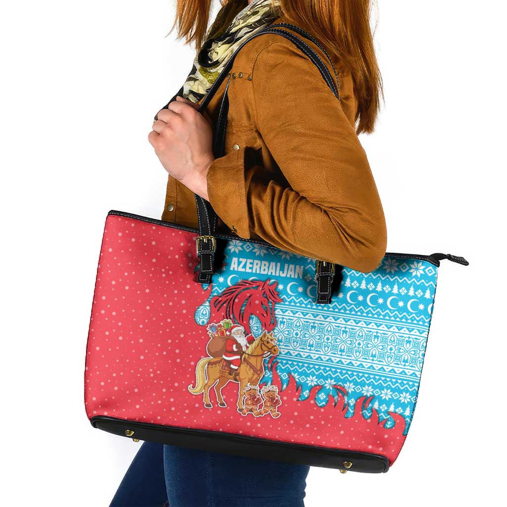 Azerbaijan Christmas Leather Tote Bag with Santa Riding Horse Red Flame Motif and Blue Islamic Pattern Design - Wonder Print Shop