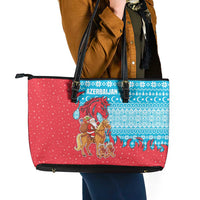 Azerbaijan Christmas Leather Tote Bag with Santa Riding Horse Red Flame Motif and Blue Islamic Pattern Design - Wonder Print Shop