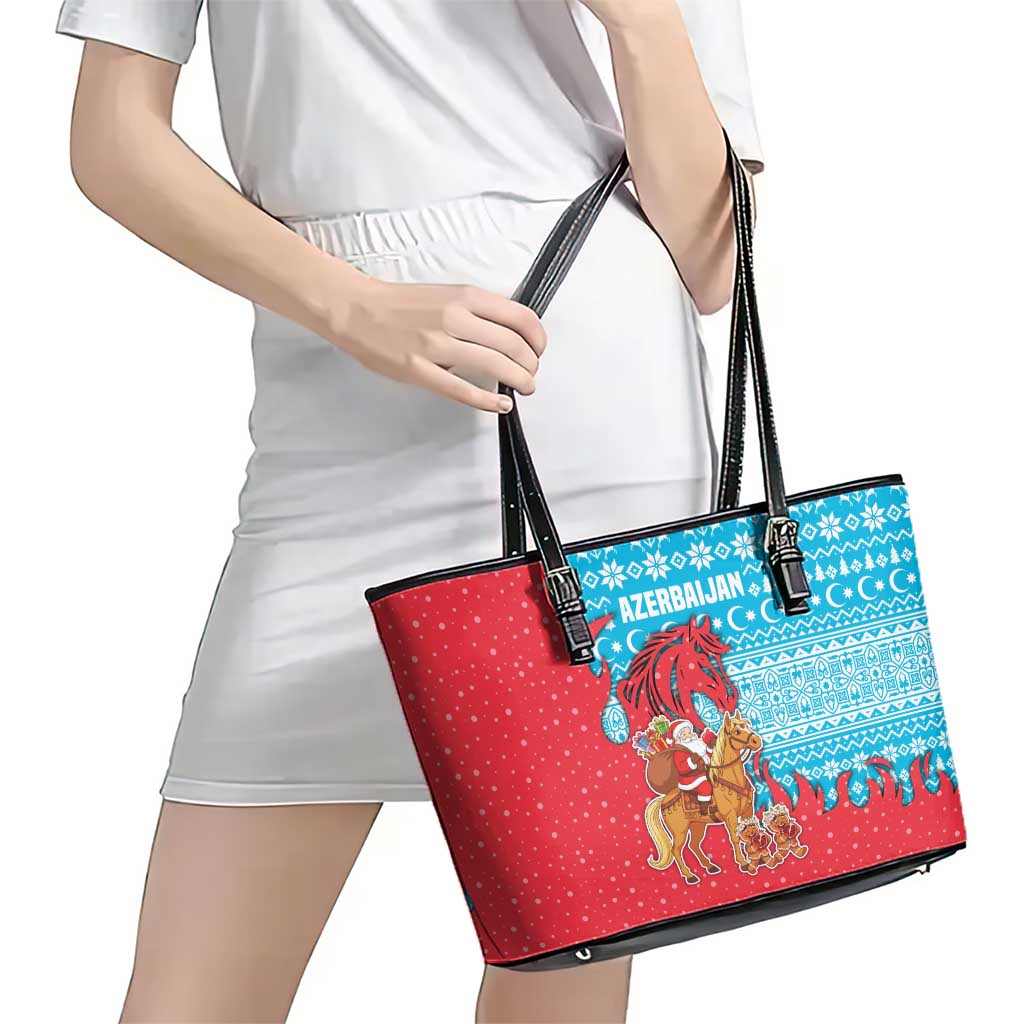Azerbaijan Christmas Leather Tote Bag with Santa Riding Horse Red Flame Motif and Blue Islamic Pattern Design - Wonder Print Shop