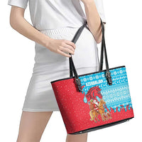 Azerbaijan Christmas Leather Tote Bag with Santa Riding Horse Red Flame Motif and Blue Islamic Pattern Design - Wonder Print Shop