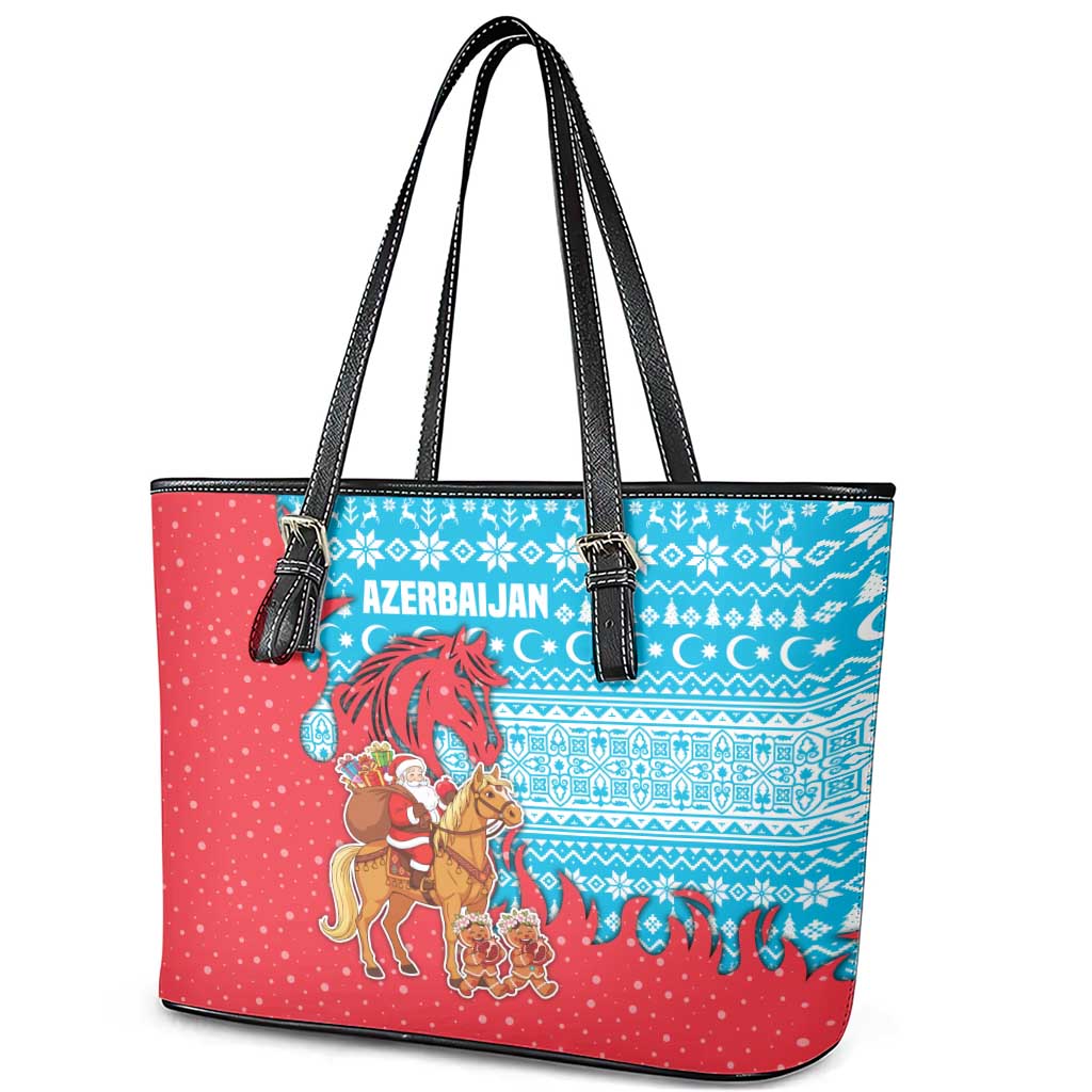 Azerbaijan Christmas Leather Tote Bag with Santa Riding Horse Red Flame Motif and Blue Islamic Pattern Design - Wonder Print Shop