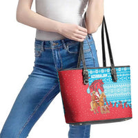 Azerbaijan Christmas Leather Tote Bag with Santa Riding Horse Red Flame Motif and Blue Islamic Pattern Design - Wonder Print Shop