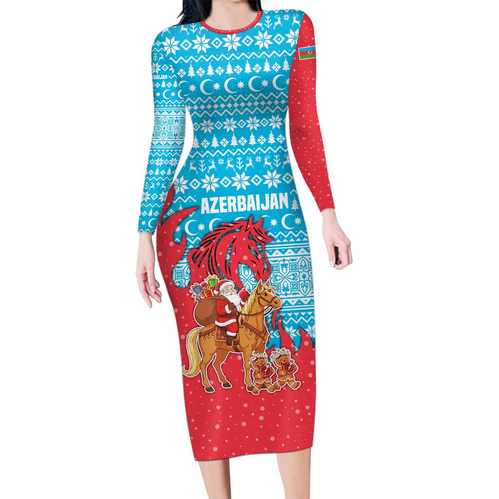 Azerbaijan Christmas Long Sleeve Bodycon Dress with Santa Riding Horse Red Flame Motif and Blue Islamic Pattern Design - Wonder Print Shop
