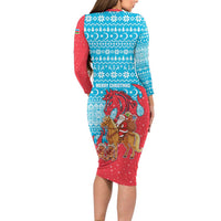 Azerbaijan Christmas Long Sleeve Bodycon Dress with Santa Riding Horse Red Flame Motif and Blue Islamic Pattern Design - Wonder Print Shop