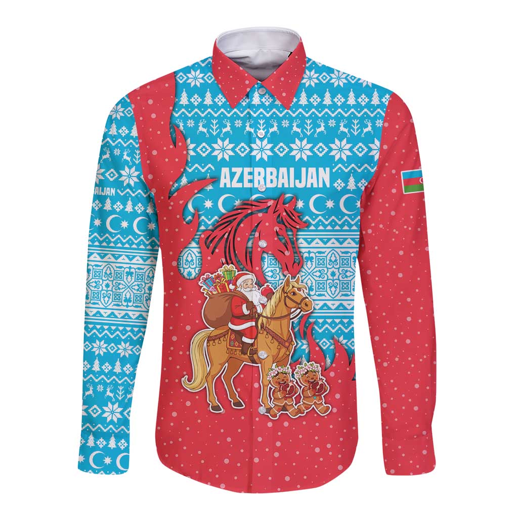 Azerbaijan Christmas Long Sleeve Button Shirt with Santa Riding Horse Red Flame Motif and Blue Islamic Pattern Design - Wonder Print Shop