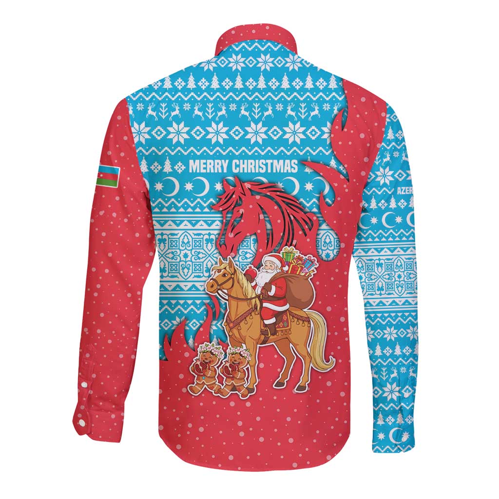 Azerbaijan Christmas Long Sleeve Button Shirt with Santa Riding Horse Red Flame Motif and Blue Islamic Pattern Design - Wonder Print Shop