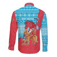 Azerbaijan Christmas Long Sleeve Button Shirt with Santa Riding Horse Red Flame Motif and Blue Islamic Pattern Design - Wonder Print Shop