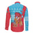 Azerbaijan Christmas Long Sleeve Button Shirt with Santa Riding Horse Red Flame Motif and Blue Islamic Pattern Design - Wonder Print Shop