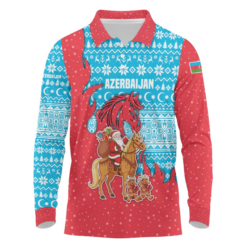 Azerbaijan Christmas Long Sleeve Polo Shirt with Santa Riding Horse Red Flame Motif and Blue Islamic Pattern Design - Wonder Print Shop