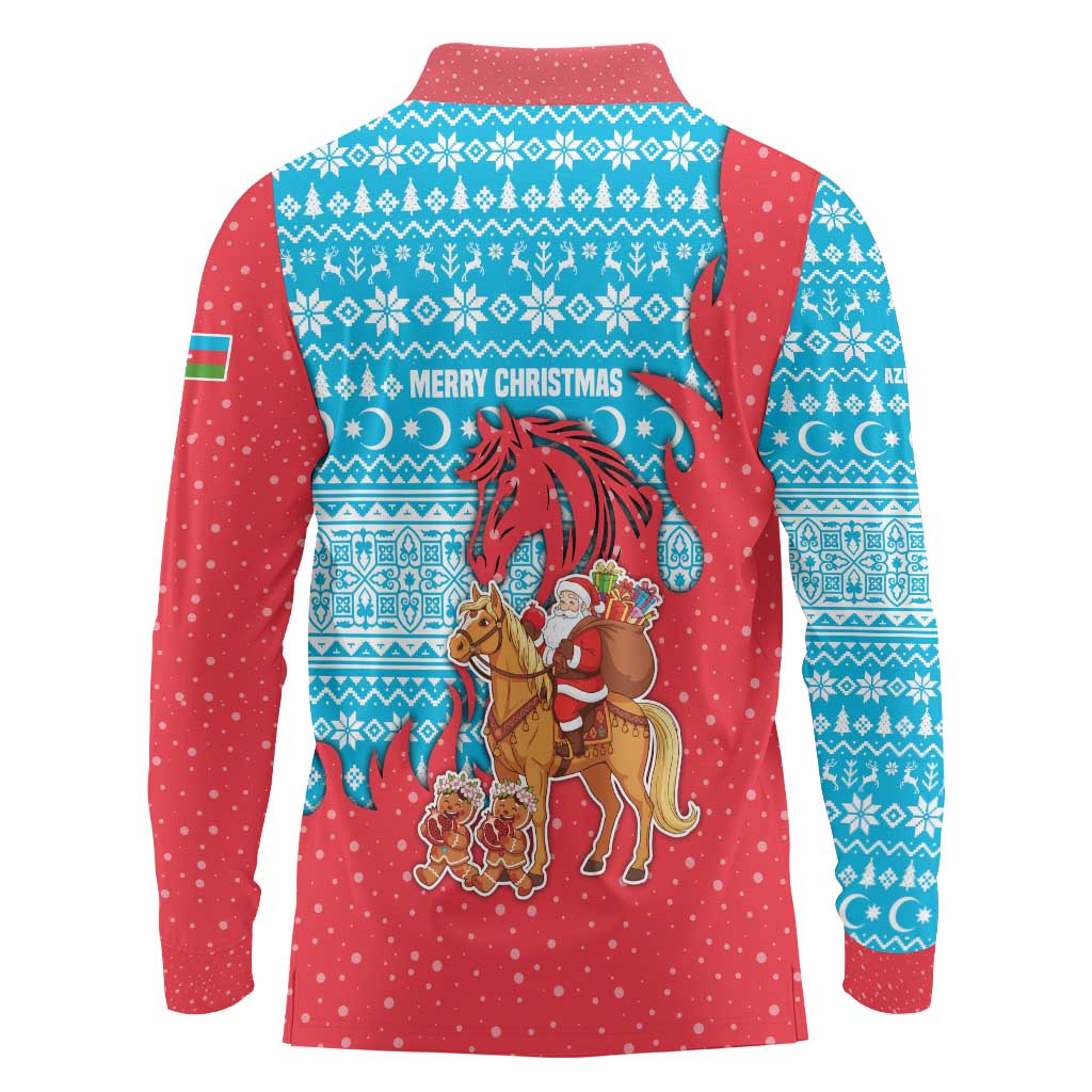 Azerbaijan Christmas Long Sleeve Polo Shirt with Santa Riding Horse Red Flame Motif and Blue Islamic Pattern Design - Wonder Print Shop