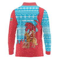 Azerbaijan Christmas Long Sleeve Polo Shirt with Santa Riding Horse Red Flame Motif and Blue Islamic Pattern Design - Wonder Print Shop