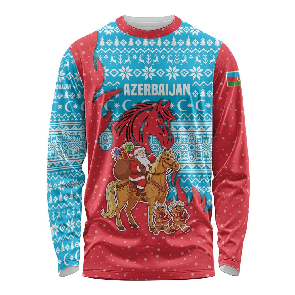 Azerbaijan Christmas Long Sleeve Shirt with Santa Riding Horse Red Flame Motif and Blue Islamic Pattern Design - Wonder Print Shop