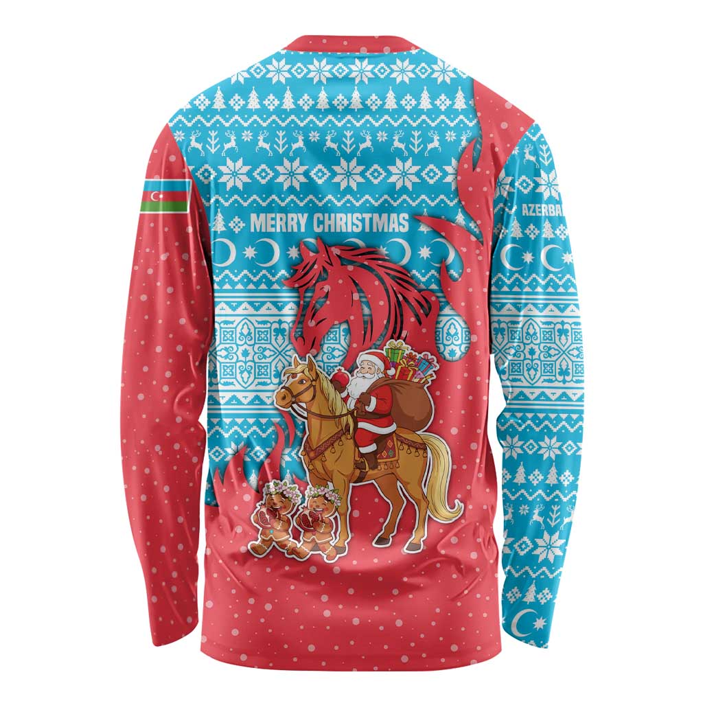 Azerbaijan Christmas Long Sleeve Shirt with Santa Riding Horse Red Flame Motif and Blue Islamic Pattern Design - Wonder Print Shop