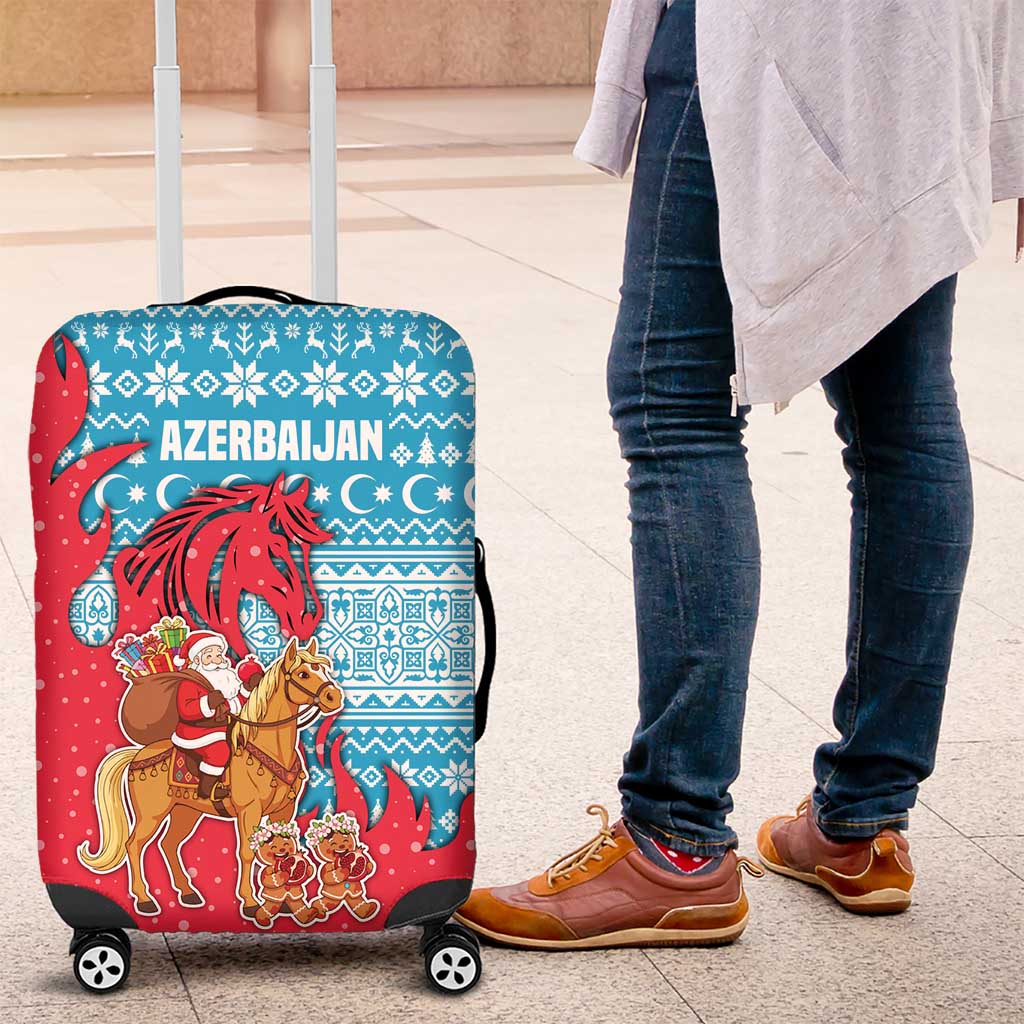 Azerbaijan Christmas Luggage Cover with Santa Riding Horse Red Flame Motif and Blue Islamic Pattern Design - Wonder Print Shop