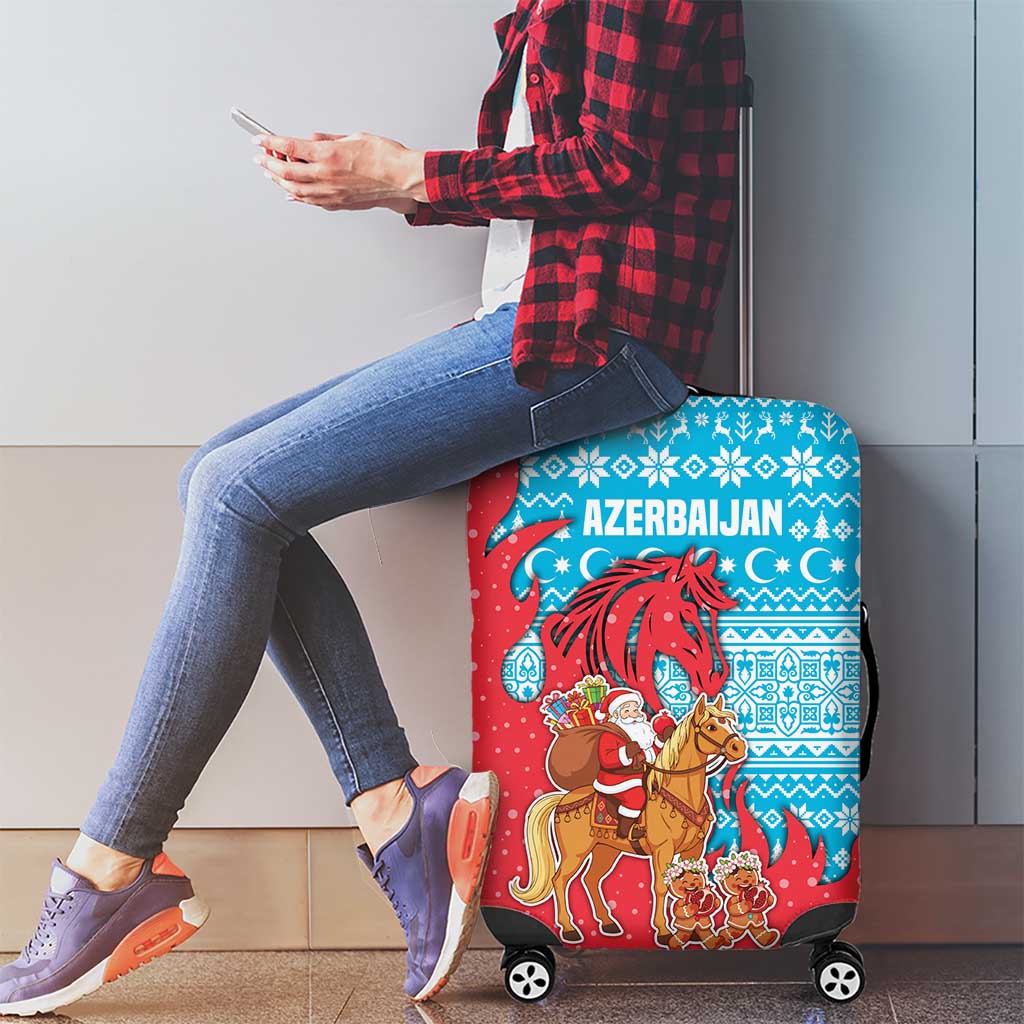 Azerbaijan Christmas Luggage Cover with Santa Riding Horse Red Flame Motif and Blue Islamic Pattern Design - Wonder Print Shop