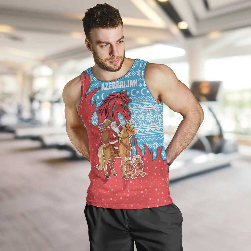 Azerbaijan Christmas Men Tank Top with Santa Riding Horse Red Flame Motif and Blue Islamic Pattern Design - Wonder Print Shop