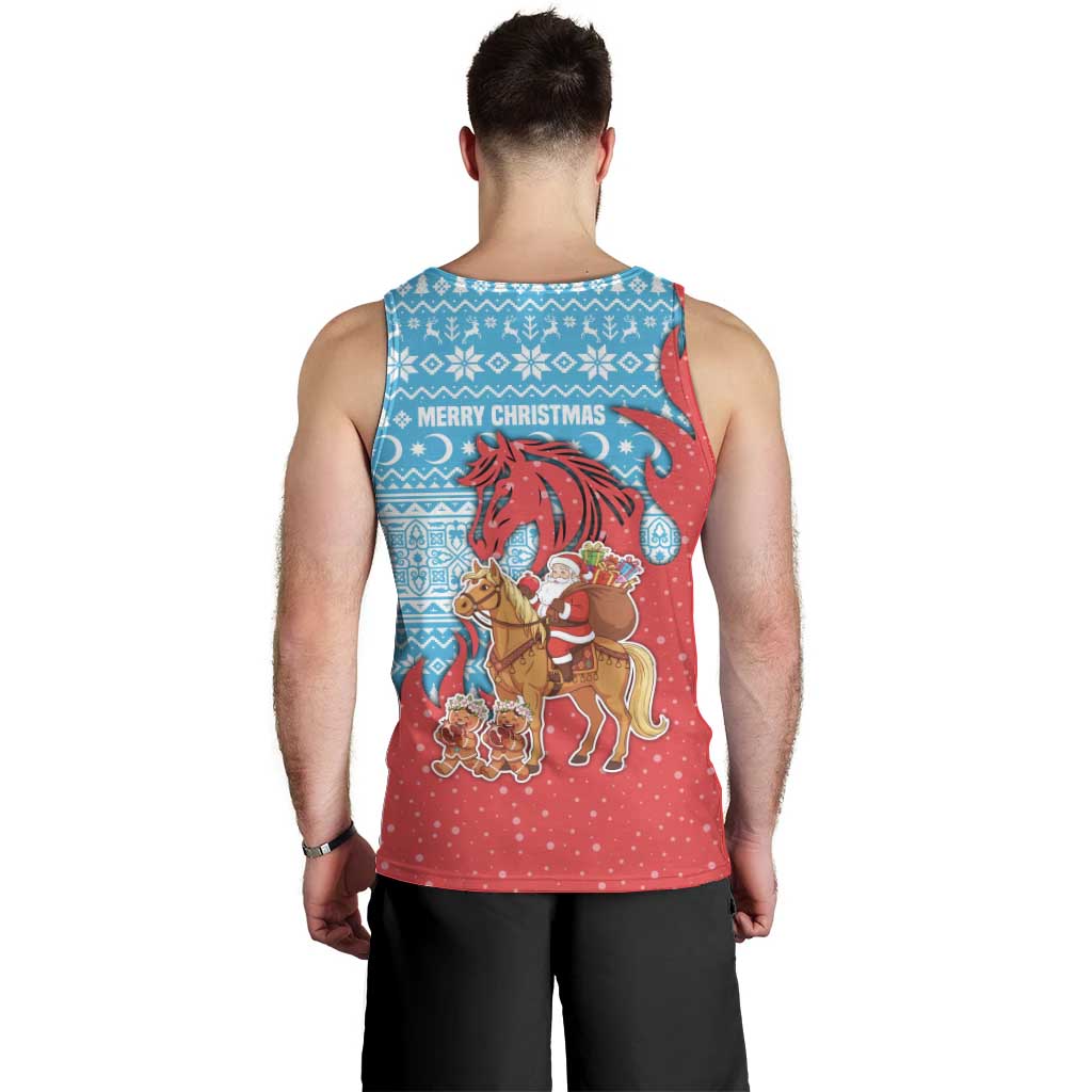 Azerbaijan Christmas Men Tank Top with Santa Riding Horse Red Flame Motif and Blue Islamic Pattern Design - Wonder Print Shop