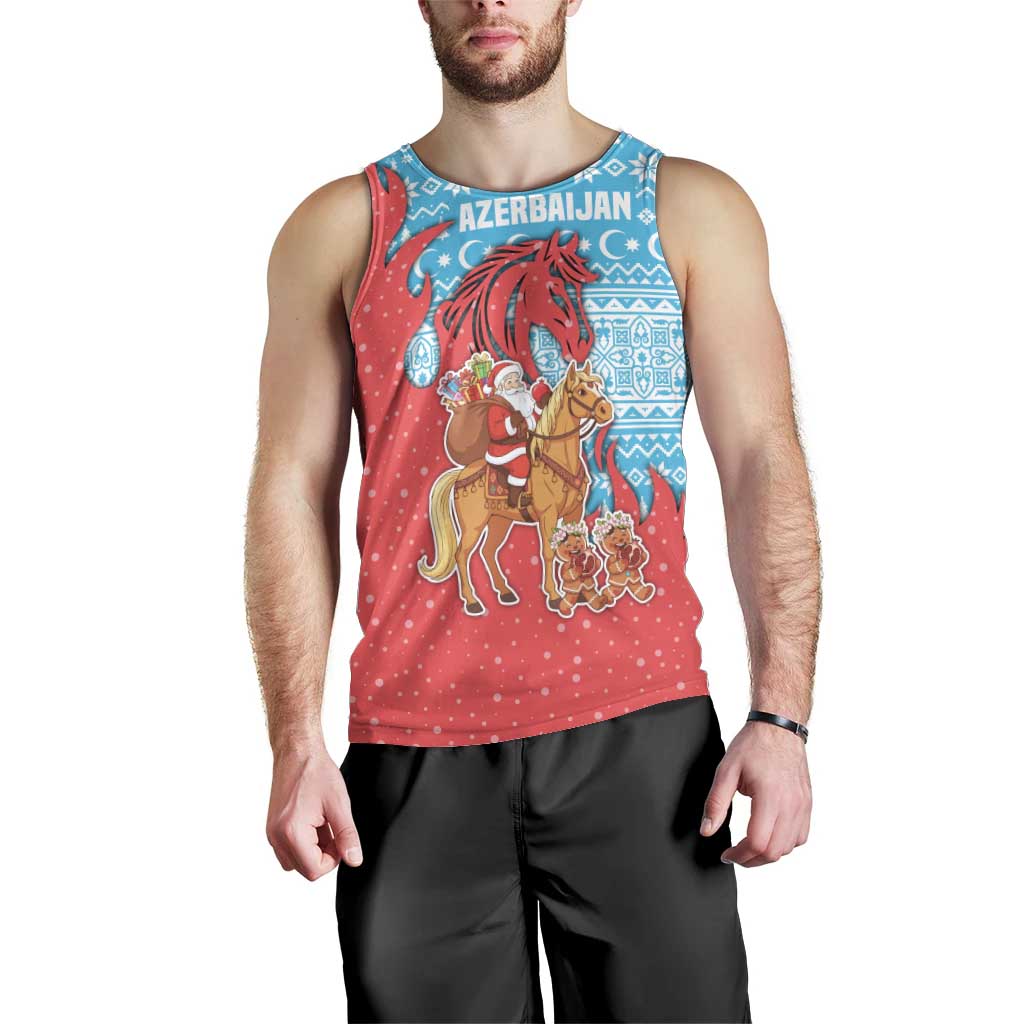 Azerbaijan Christmas Men Tank Top with Santa Riding Horse Red Flame Motif and Blue Islamic Pattern Design - Wonder Print Shop