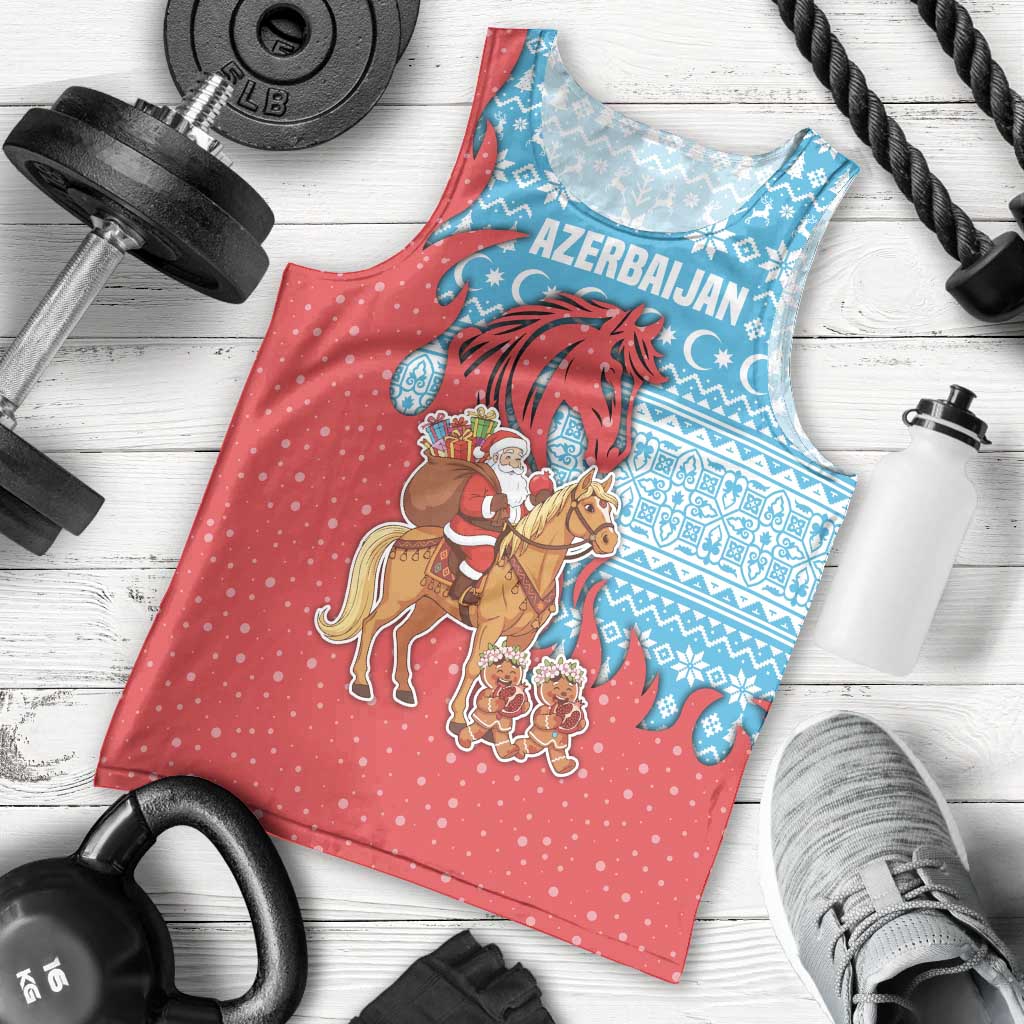 Azerbaijan Christmas Men Tank Top with Santa Riding Horse Red Flame Motif and Blue Islamic Pattern Design - Wonder Print Shop
