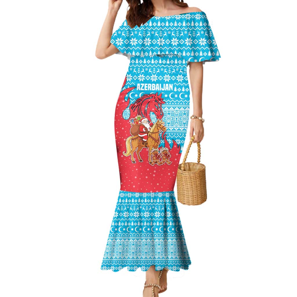 Azerbaijan Christmas Mermaid Dress with Santa Riding Horse Red Flame Motif and Blue Islamic Pattern Design - Wonder Print Shop