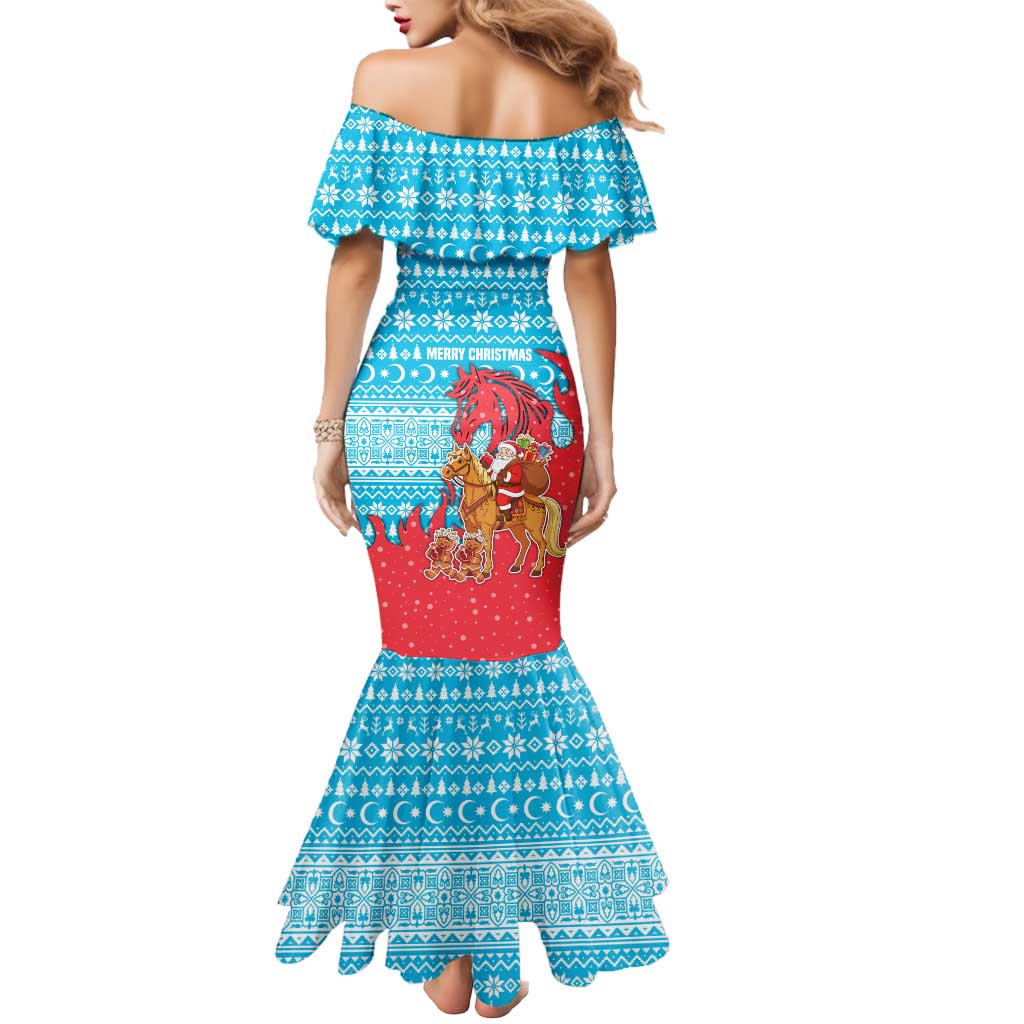 Azerbaijan Christmas Mermaid Dress with Santa Riding Horse Red Flame Motif and Blue Islamic Pattern Design - Wonder Print Shop