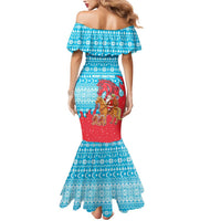 Azerbaijan Christmas Mermaid Dress with Santa Riding Horse Red Flame Motif and Blue Islamic Pattern Design - Wonder Print Shop