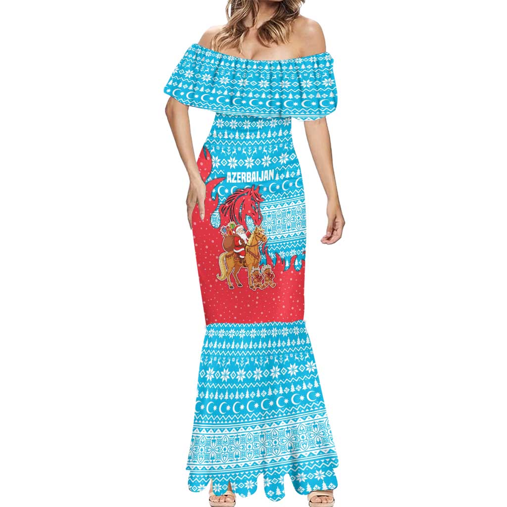 Azerbaijan Christmas Mermaid Dress with Santa Riding Horse Red Flame Motif and Blue Islamic Pattern Design - Wonder Print Shop