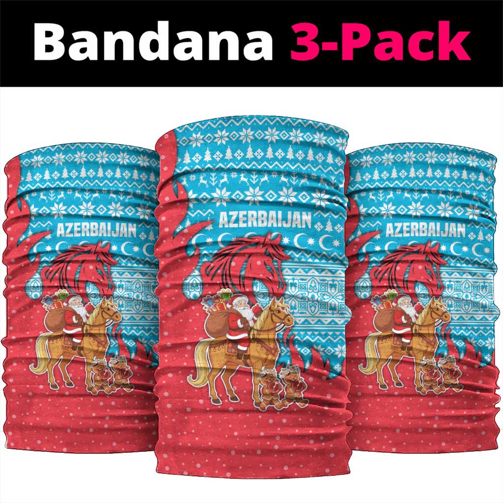 Azerbaijan Christmas Neck Gaiter with Santa Riding Horse Red Flame Motif and Blue Islamic Pattern Design - Wonder Print Shop