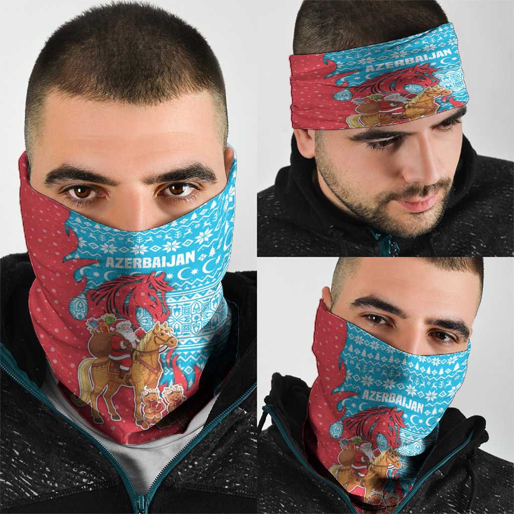 Azerbaijan Christmas Neck Gaiter with Santa Riding Horse Red Flame Motif and Blue Islamic Pattern Design - Wonder Print Shop