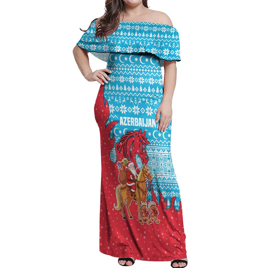 Azerbaijan Christmas Off Shoulder Maxi Dress with Santa Riding Horse Red Flame Motif and Blue Islamic Pattern Design - Wonder Print Shop