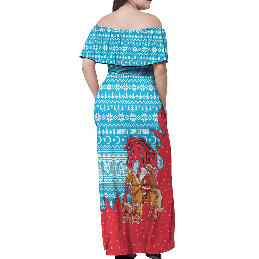 Azerbaijan Christmas Off Shoulder Maxi Dress with Santa Riding Horse Red Flame Motif and Blue Islamic Pattern Design - Wonder Print Shop